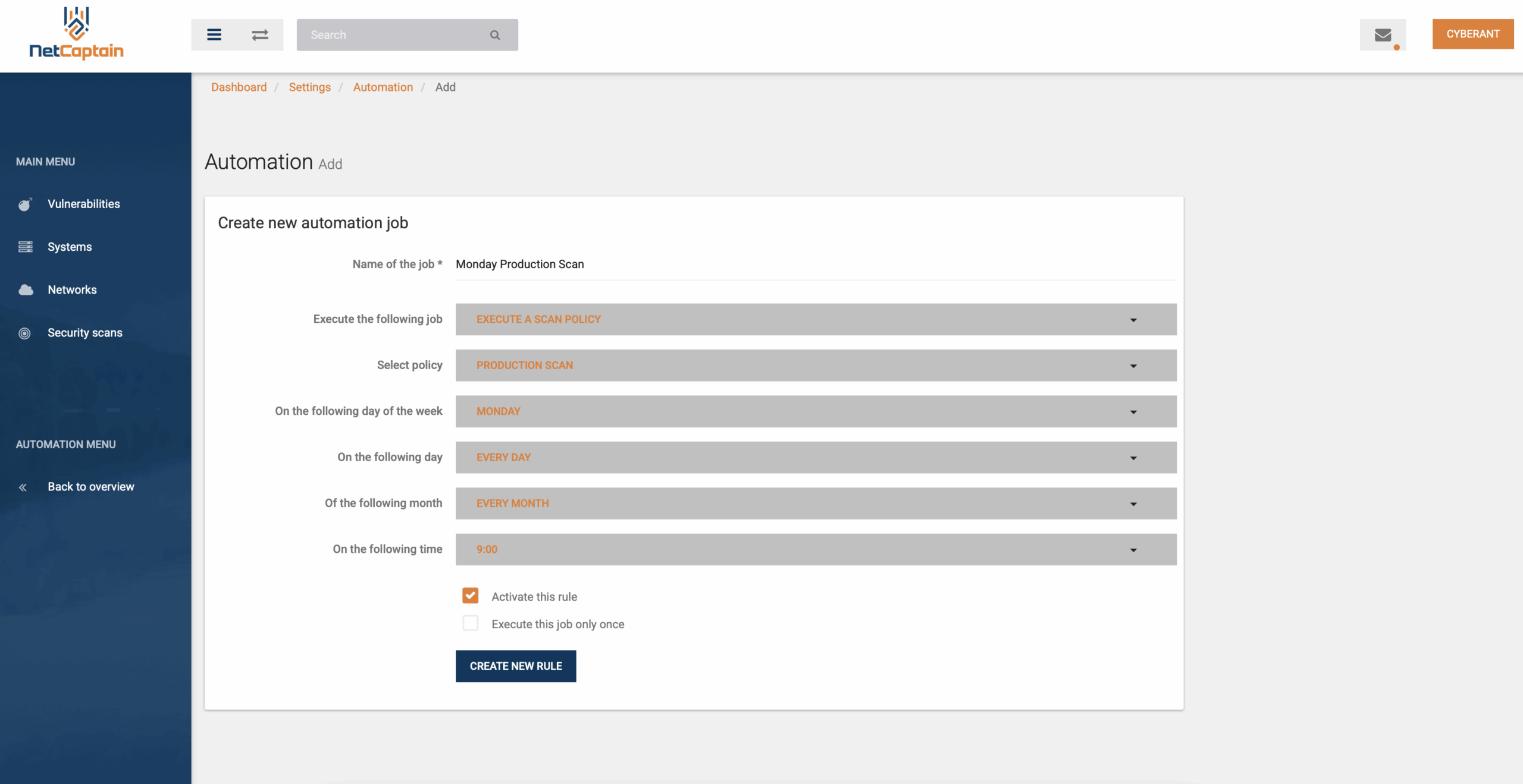 Het scherm voor het aanmaken van een automatiseringstaak in NetCaptain