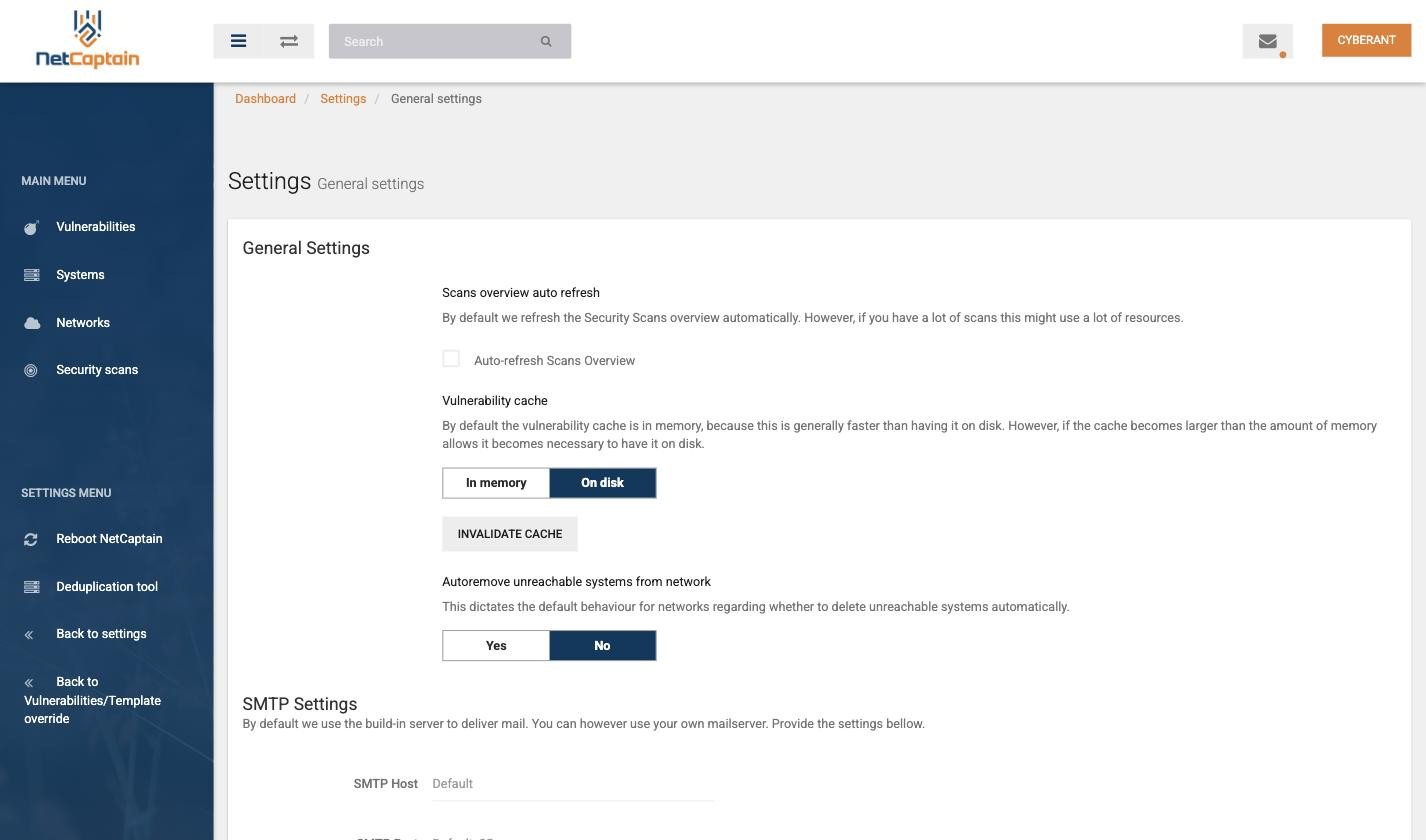 De algemene instellingen met auto refresh, vulnerability cache, autoremove en de SMTP-instellingen