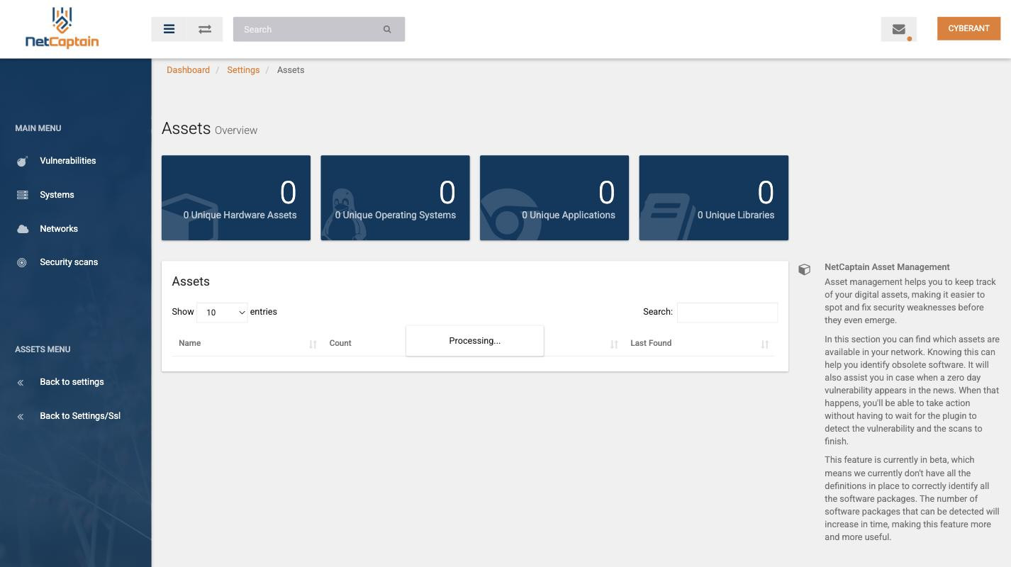 Het assets-overzicht met tellers voor hardware, besturingssystemen, applicaties en libraries