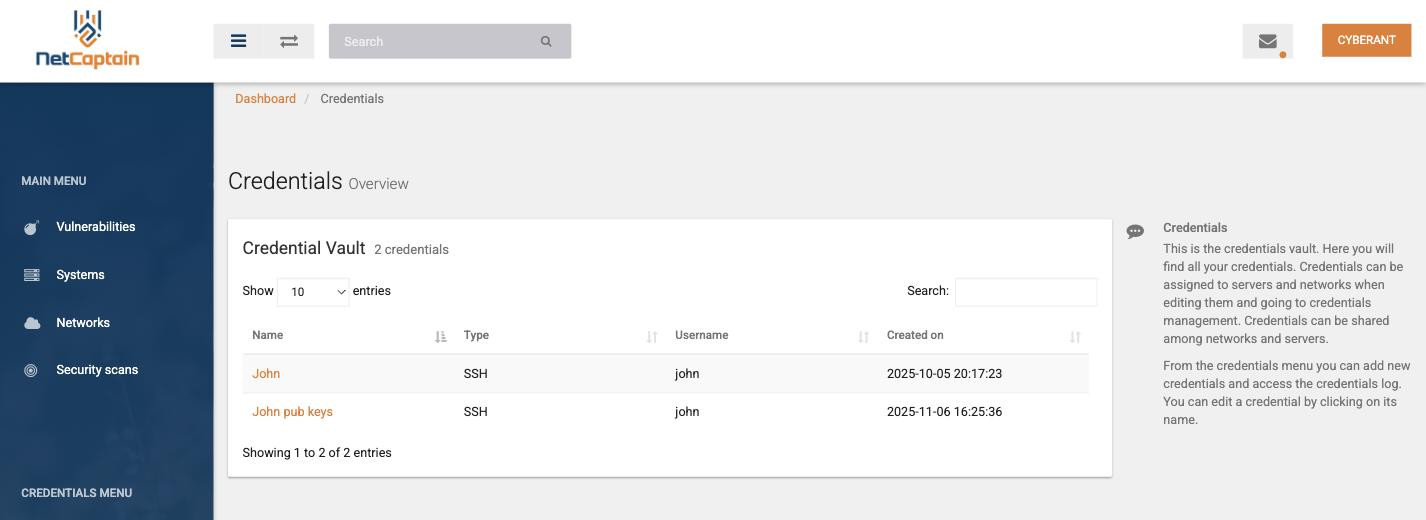 De credentials vault van NetCaptain met de opgeslagen inloggegevens per type en gebruikersnaam