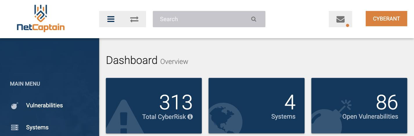 De tegel Total CyberRisk bovenaan het NetCaptain-dashboard, naast Systems en Open Vulnerabilities
