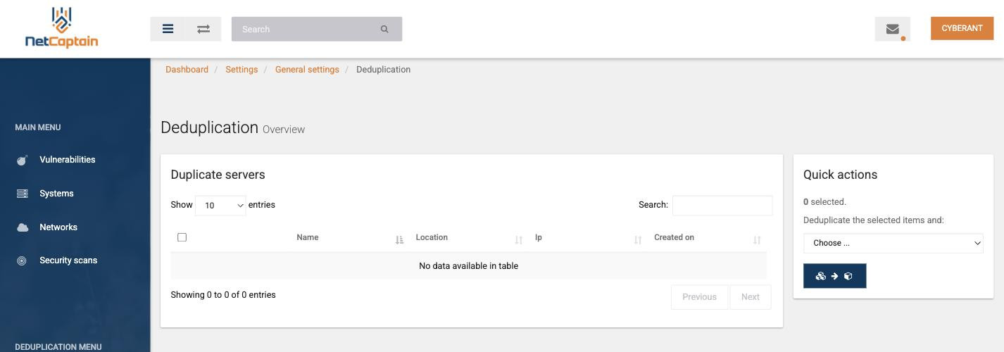 De deduplicatietool met een lijst met dubbele systemen en de quick actions ernaast
