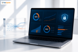 Laptop met donkerblauw dashboard met diagrammen, grafieken en schild-sloticoon in blauw en oranje, NetCaptain-logo linksboven.