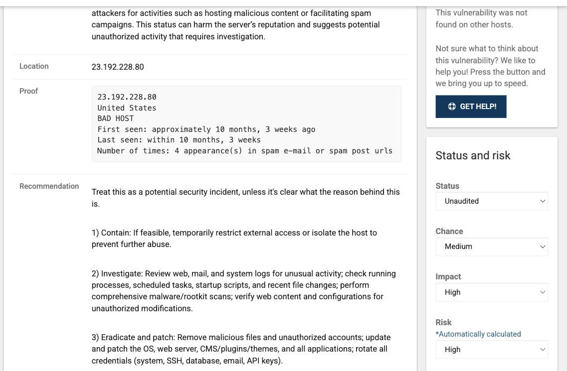 Het proof-veld en de aanbeveling bij een kwetsbaarheid in NetCaptain