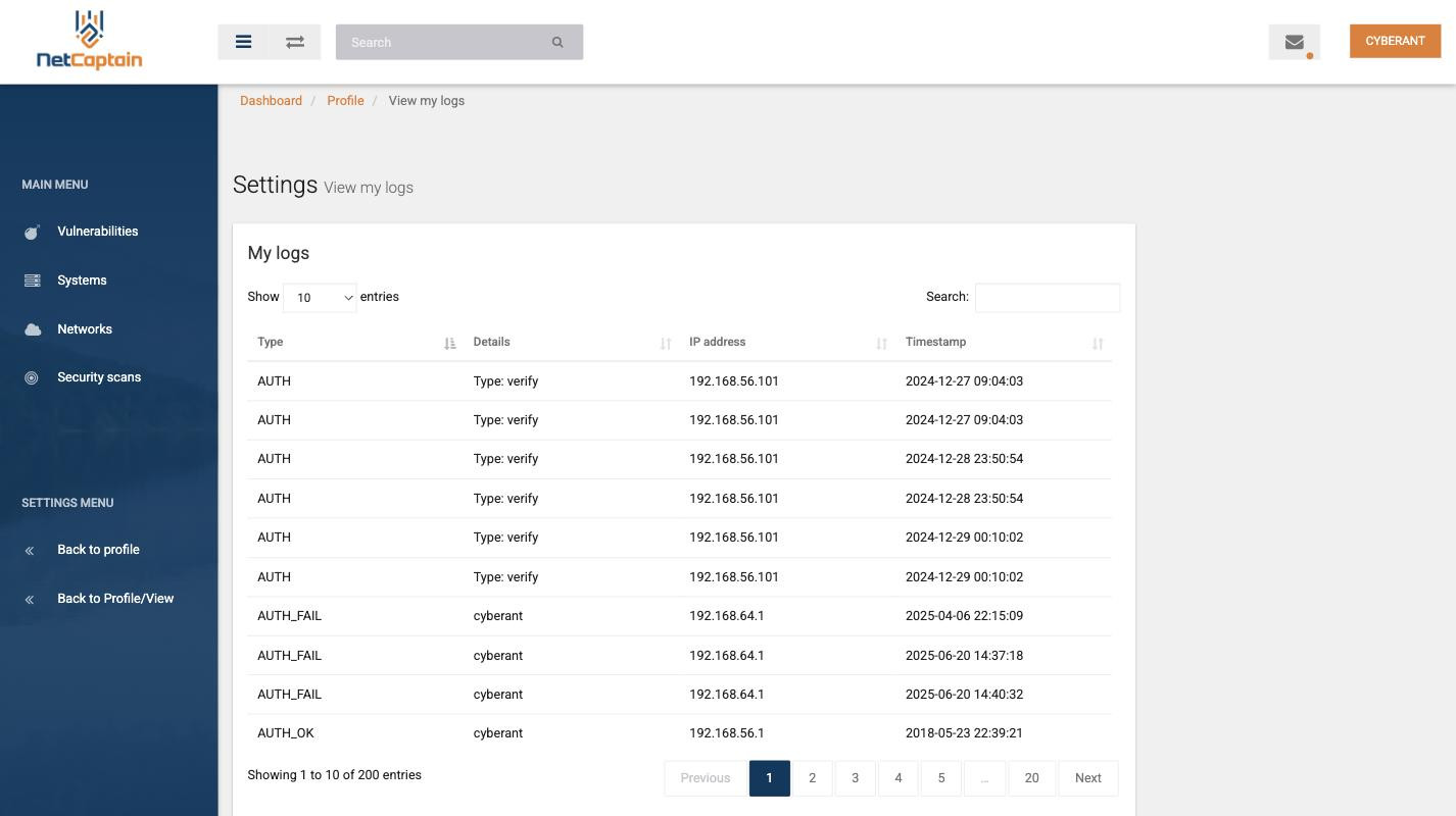 Het scherm My logs met per regel het type, de details, het IP-adres en het tijdstip