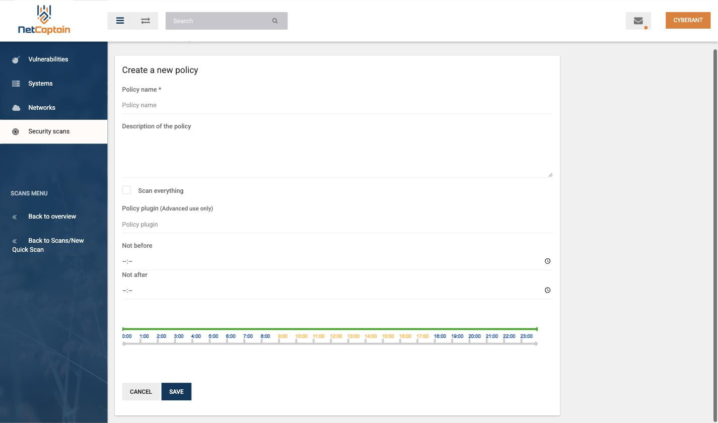 Het formulier voor een nieuwe scan policy met naam, Scan everything, tijdvenster en de tijdlijn per uur