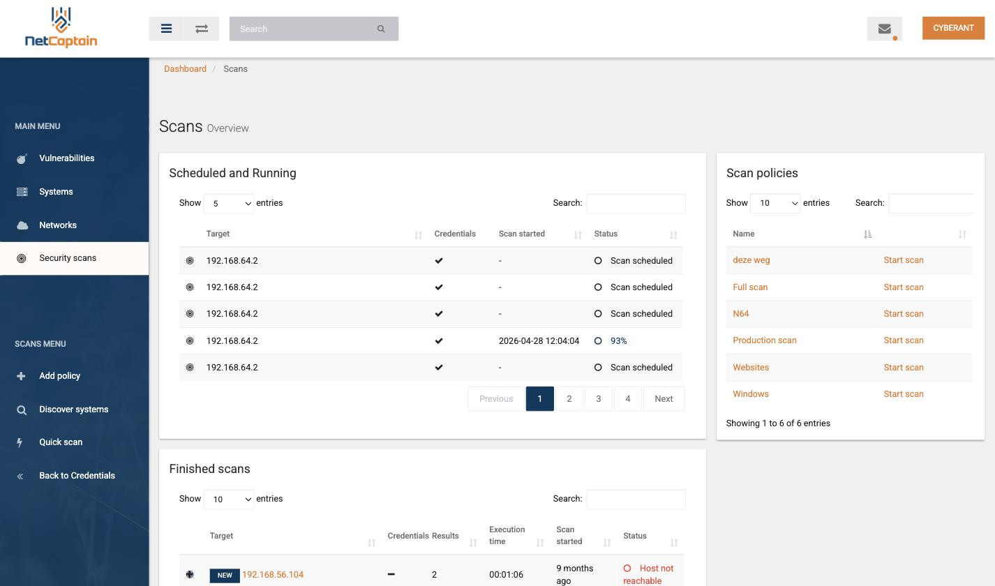 Het scansoverzicht met geplande en lopende scans, afgeronde scans en de scan policies