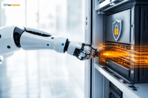 Witte robotarm reikt naar een serverkast met schild-en-sloticoon, oranje lichtsporen vanaf het contactpunt, NetCaptain-logo linksboven.